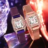 DZG rose gold diamond-encrusted square watch, purple and blue gradient metal strap, gold mesh strap, white Roman numerals dial Specification image
